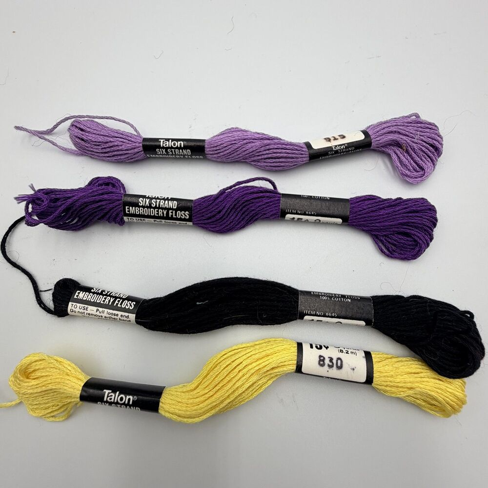 4 Vintage Skeins Talon 6 Strand Embroidery Floss Cotton Lavender, Violet, Black